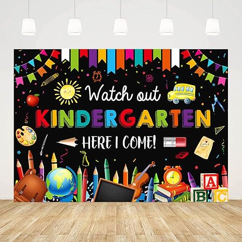 Miniatura 3 de Fondo de 7 x 5 pies para jardín de infantes para el regreso a la escuela, con texto en inglés "Watch Out Kindergarten Here I Come", suministros para