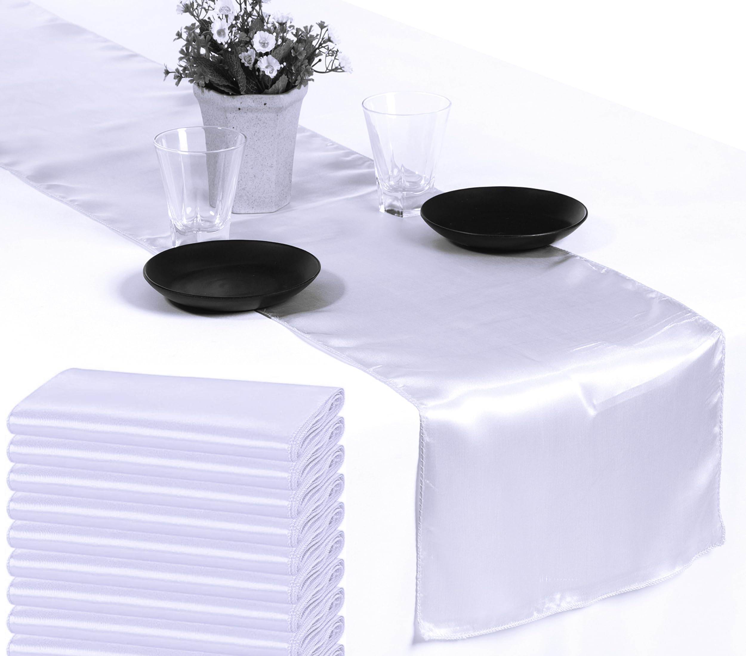 VDS Pack of 25 Satin Table Runners for Wedding & Party Décor 12” x 108”, Smooth Glossy Sateen Fabric Runner, Dining Table Decoration for Reception Banquet & Events Hotel Restaurant - White — image 1