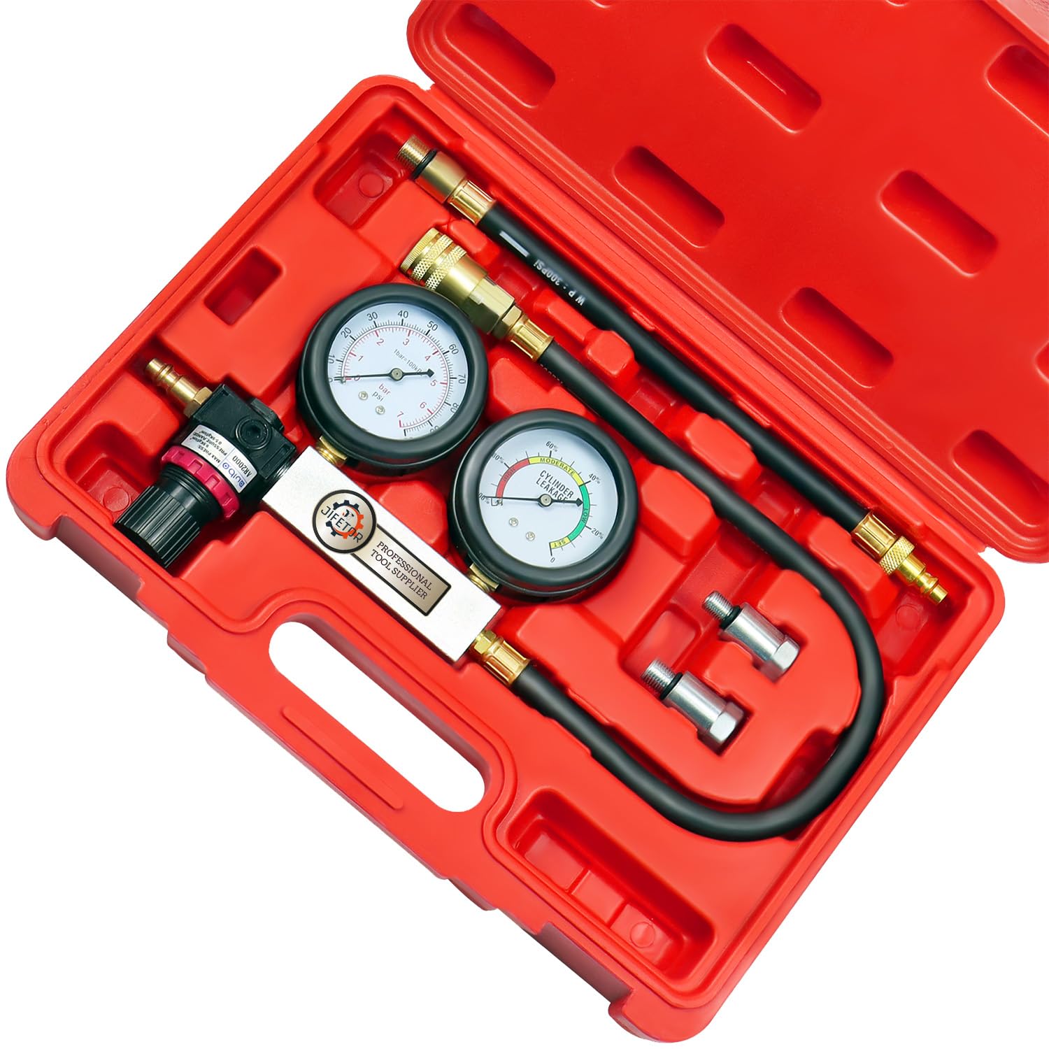 JIFETOR Kit de probador de fugas de cilindro, medidor de presión dual profesional, detector de fugas de compresión del motor, juego de prueba de fugas para motor de gasolina con bujías de 10 12 14 mm