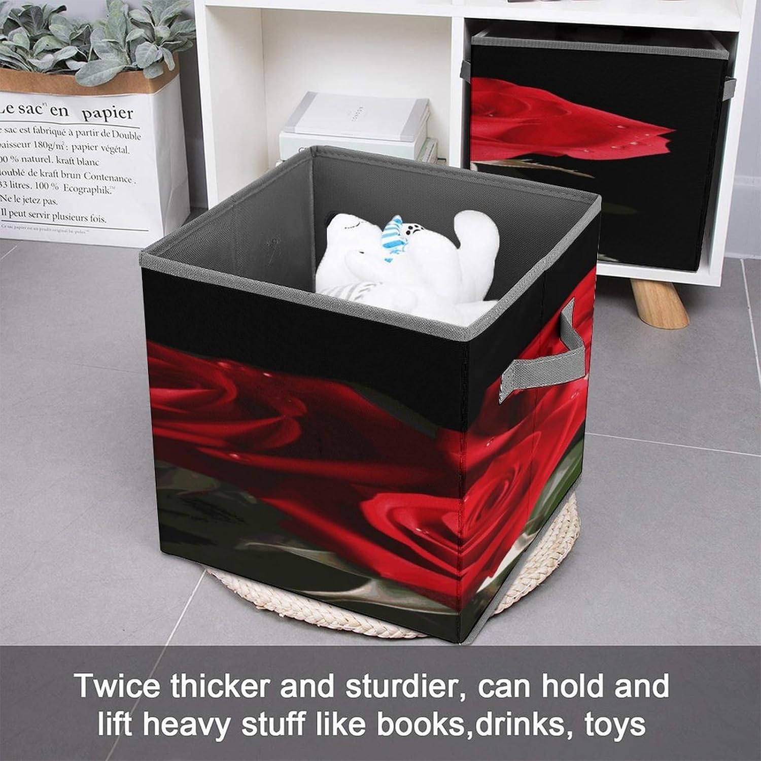 Red Roses Fabric Bins Storage Basket Square Baskets | Storage Bin with Double Handles,Cube Collapsible Organizers for Organization,Closet,Shelves,Offices