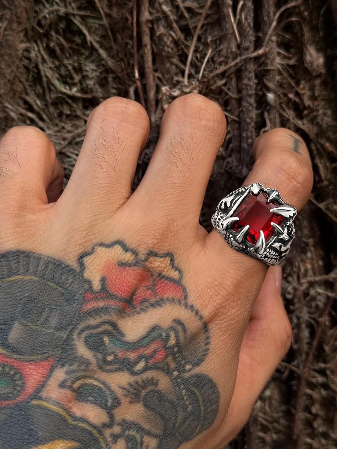 Men's Stainless Steel Dragon Claw Ring - Gothic Biker Style with Black/18K Gold Finish, Red/Black Gemstone, Crystal Stone Signet Ring Punk Jewelry, Size 7-14, Includes Gift Box - Image 2
