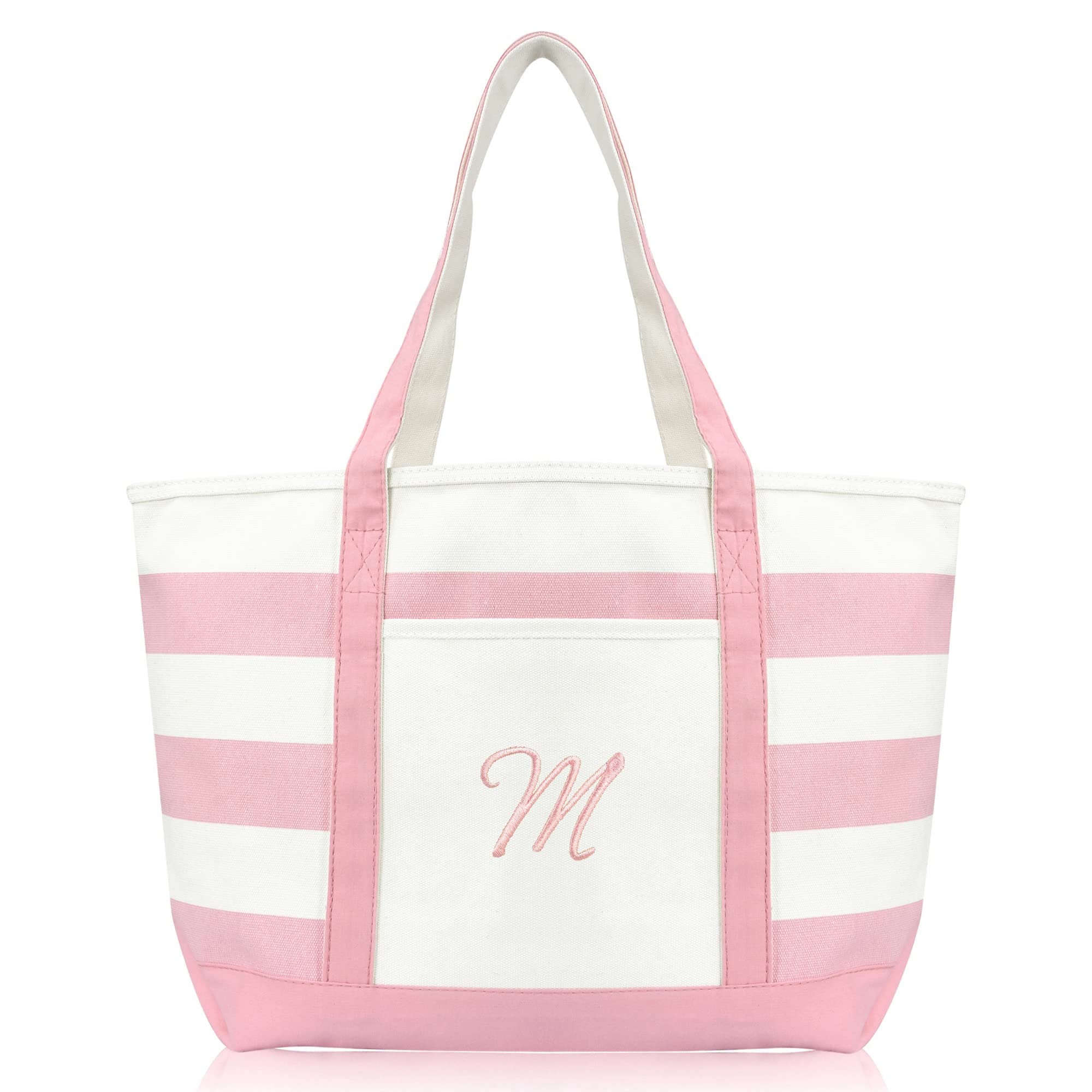 DALIX Striped Beach Bag Tote Bags Satchel Personalized Pink Ballent Letter A - Z