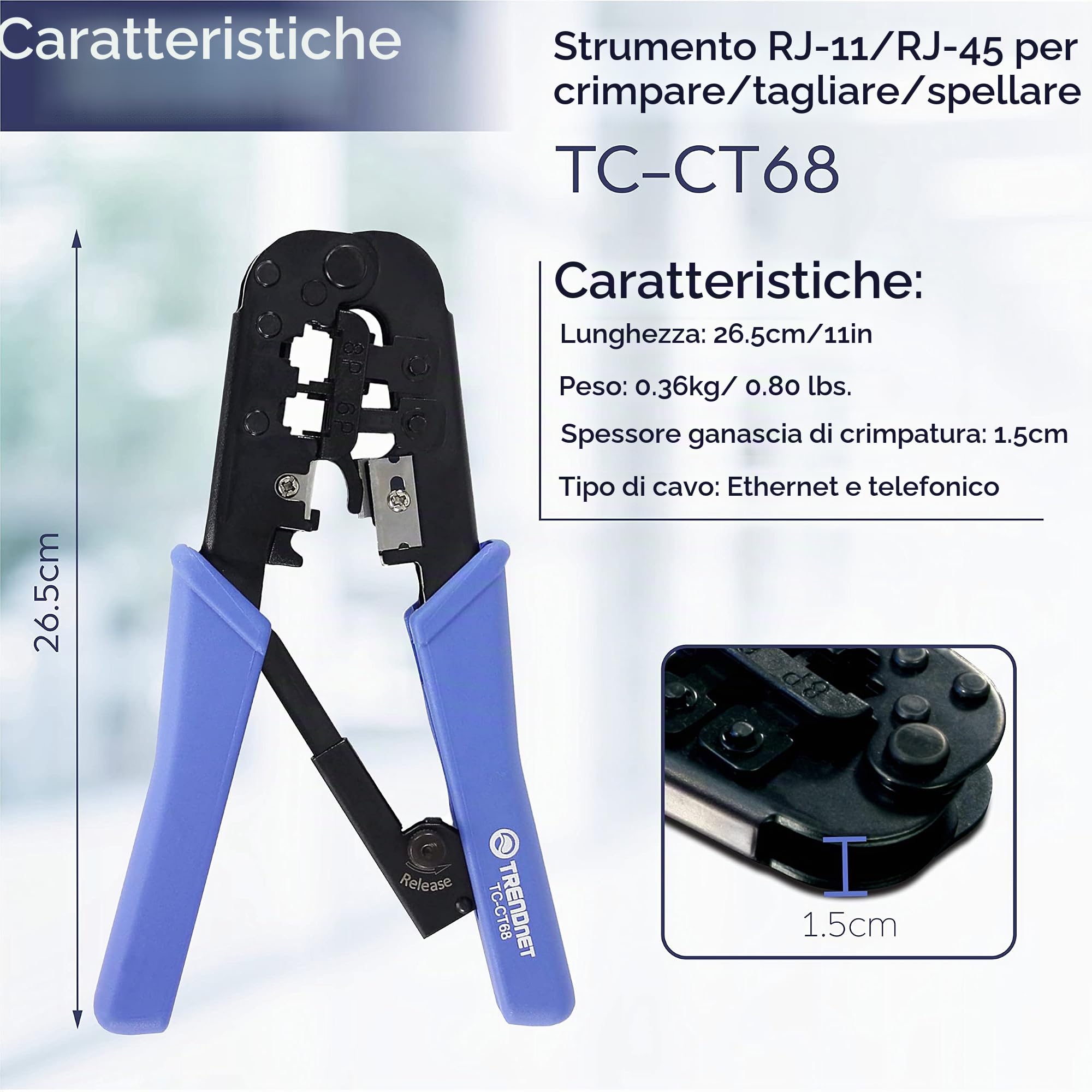 TRENDnet, TC-CT68, Pinza Crimpatrice Professionale, Per qualsiasi cavo Ethernet o telefonico, taglierina e spelafili integrati