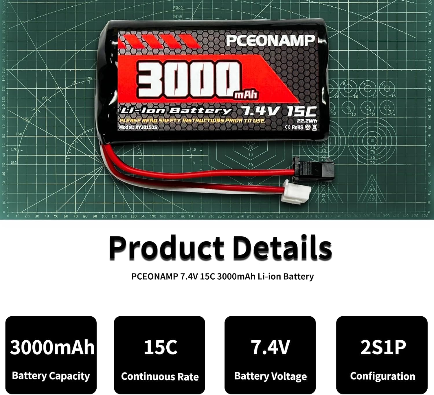 7.4V Li-ion Battery 3000mAh 2S Battery with SM-2P Plug Rechargeable High Capacity RC Battery Fit for WPL C24 MN D90 RC Cars, H101 RC Boat RC Truck Batteries with 2 USB Charger