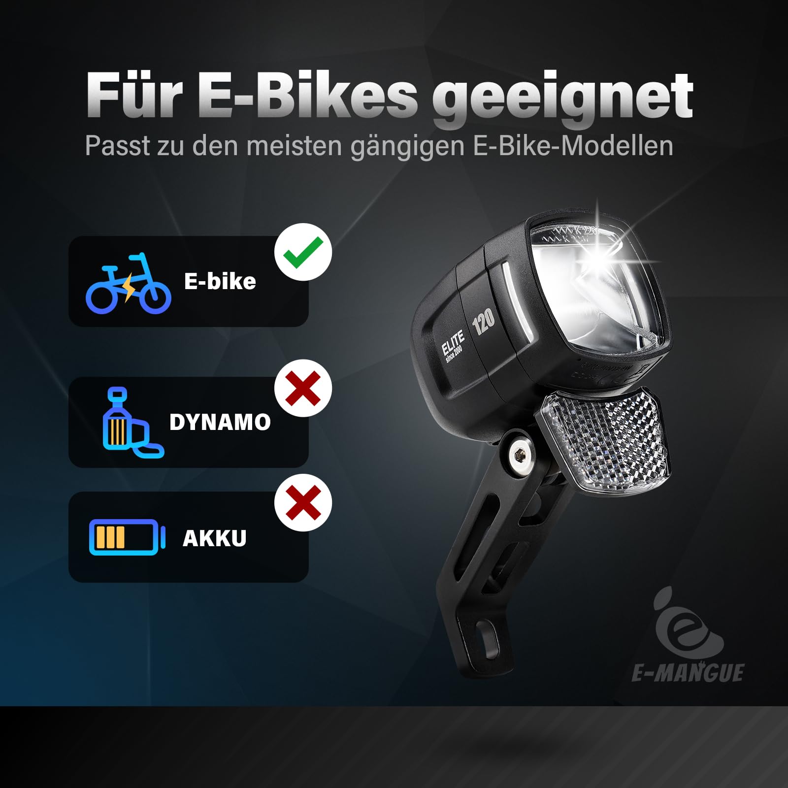 E-Bike Dynamo LED Fahrradlicht Vorne, 30-120 LUX StVZO Zulassung Frontlicht, Fahrradlicht mit Reflektor, Fahrrad Scheinwerfer, Fahrradlampe Frontlicht für E-Bikes/Dynamo