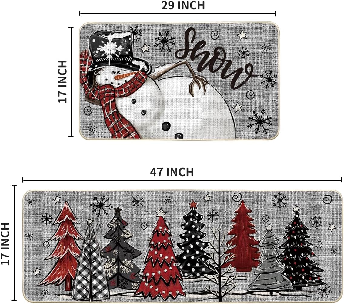 Artoid Mode Grey Snowman Xmas Tree Snowflake Let It Snow Christmas Kitchen Mats Set of 2, Winter Home Decor Low-Profile Kitchen Rugs for Floor - 17x29 and 17x47 Inch