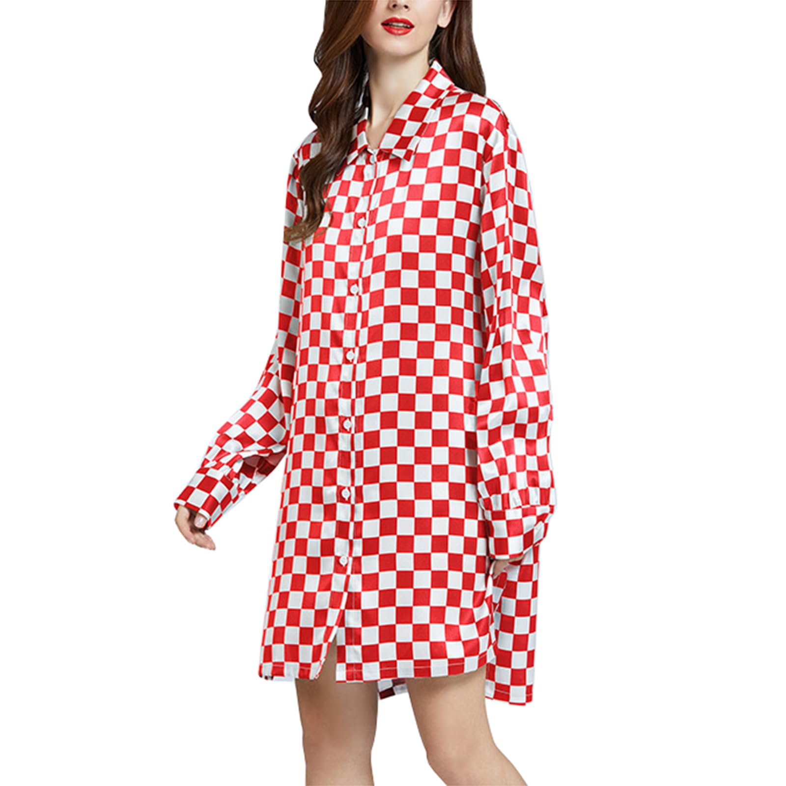 Frauen Seide Nachthemd, 19 Mommy Sexy Satin Nacht Roben Frauen Button Up Satin Nachthemden,Rot,XS