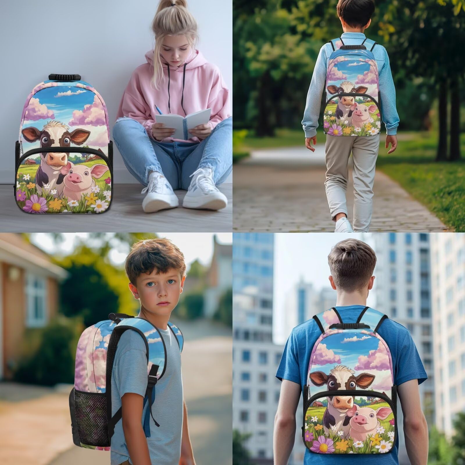 Zaino per bambini con borsa per il pranzo, set leggero per libri scolastici, 4 pezzi, per regali per il rientro a scuola, Mucca e maiale