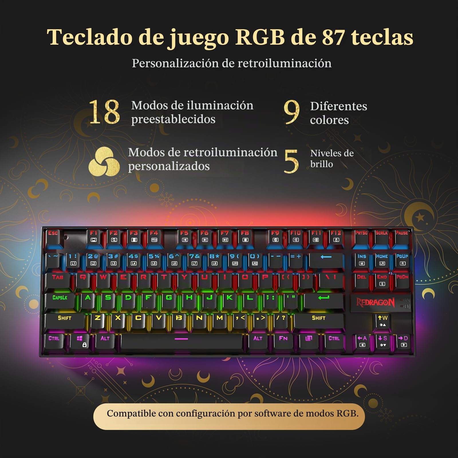 Redragon K552 Teclado para Juegos RGB 87 Teclas mecánico RGB retroiluminado LED arcoíris Teclado de Ordenador sin Llave Diseño Compacto Interruptores Azules para Juegos en PC Windows (disposición