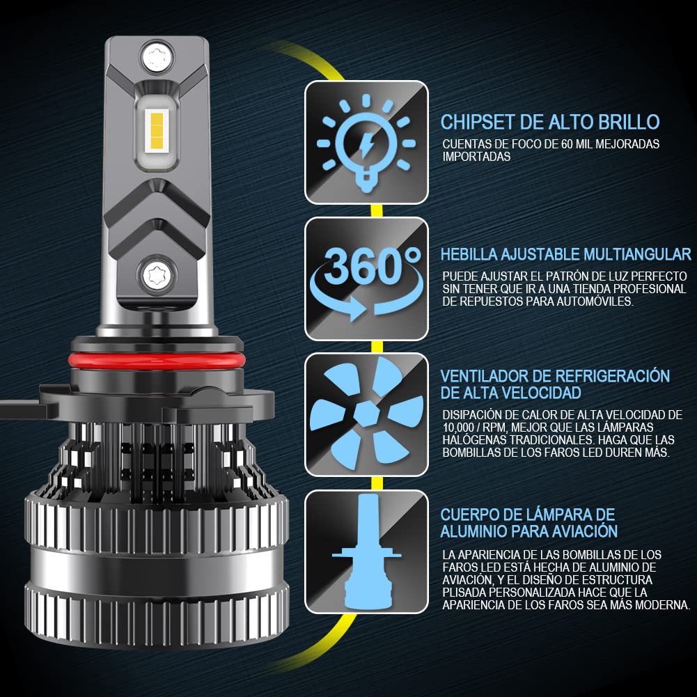 9012 Bombillas LED para Faros Delanteros con 2PCS Bombillas LED T10, Kit de Conversión de HIR2 Bombillas con Controlador Inteligente EMC, 12000LM Xenón Blanco 6500K (Total de 4 Bombillas LED)