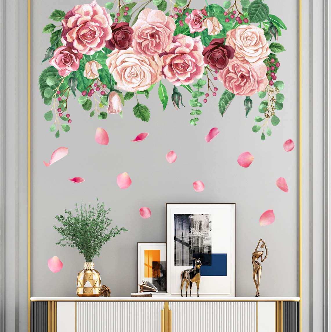 TOARTi Pink Floral Wall Stickers – Watercolor Peony & Roses Wall Decals, 56-Piece Set, Peel & Stick For Bedroom, Living Room, Wedding & Party Decor