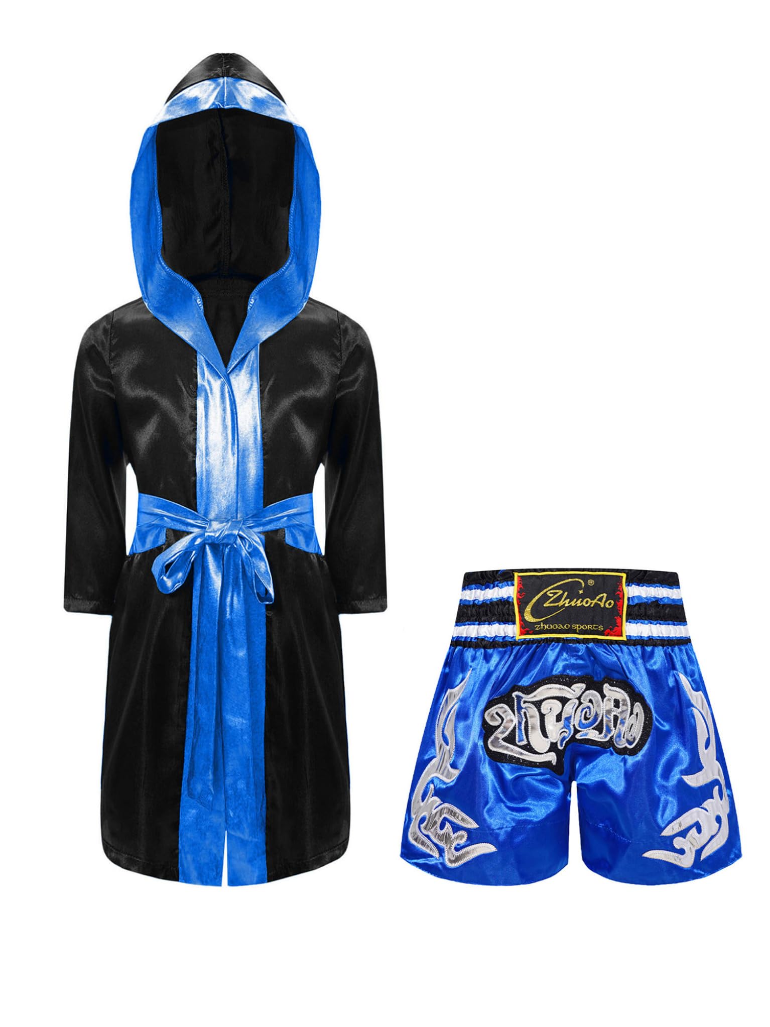 TTAO Dziecięcy płaszcz z kapturem, kickboxing, spodenki sportowe, pasek, długi rękaw, płaszcz bokserski, satynowy płaszcz, peleryna, peleryna, trening, strój