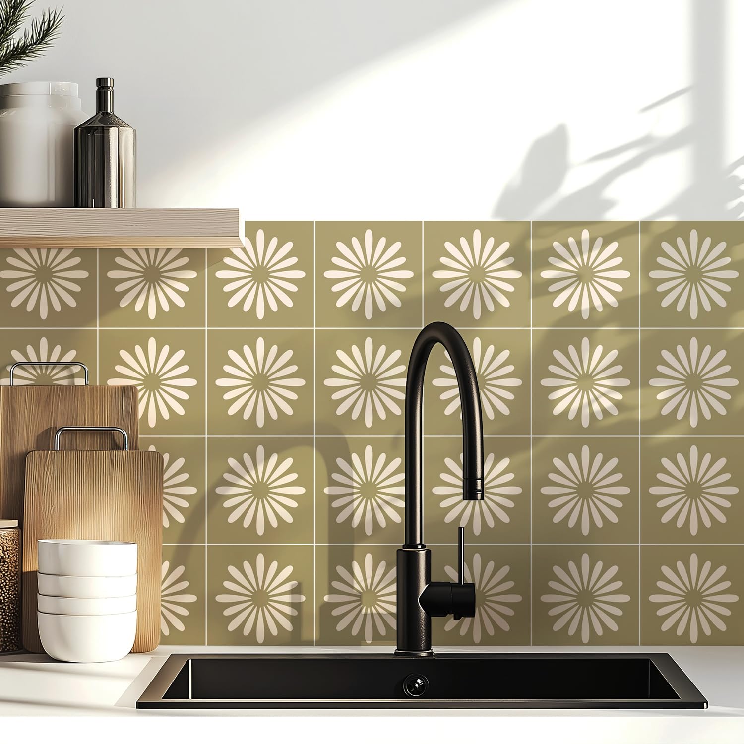 MEIHEA Khaki Green Tile Stickers, 16 PCS 5.9x5.9 Inch Mid-Century Floral Peel and Stick Wall Stickers, Waterproof Self-Adhesive Vinyl Decals for Kitchen, Bathroom, Stairs & Furniture
