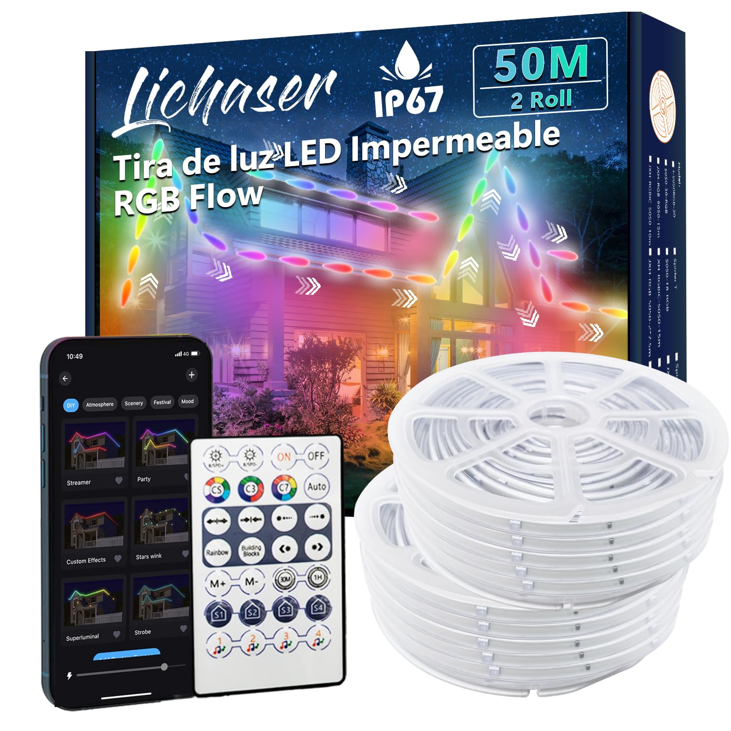 Lichaser 50M IP67 RGB+IC Tira LED Exterior Impermeable DIY, Seguimiento, Segmentación de Tiras LED con Aplicación BT y Control Remoto RF Para uso en Exteriores