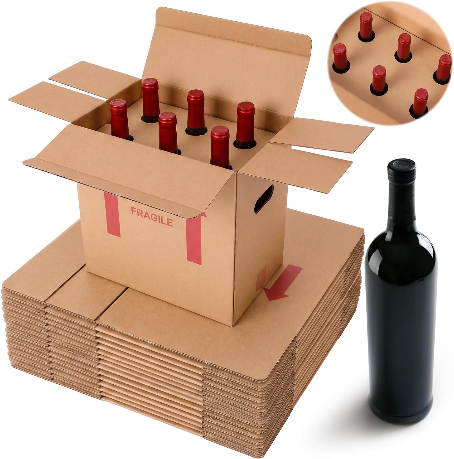 Tatuo 20 Pack Wine Bottle Moving Box 14 x 9 x 13 Inch Corrugated 6 Bottle Wine Shipping Box Kitchen Moving Storage Carrier with Divider Kits and Handles for Glassware Dishes Travel