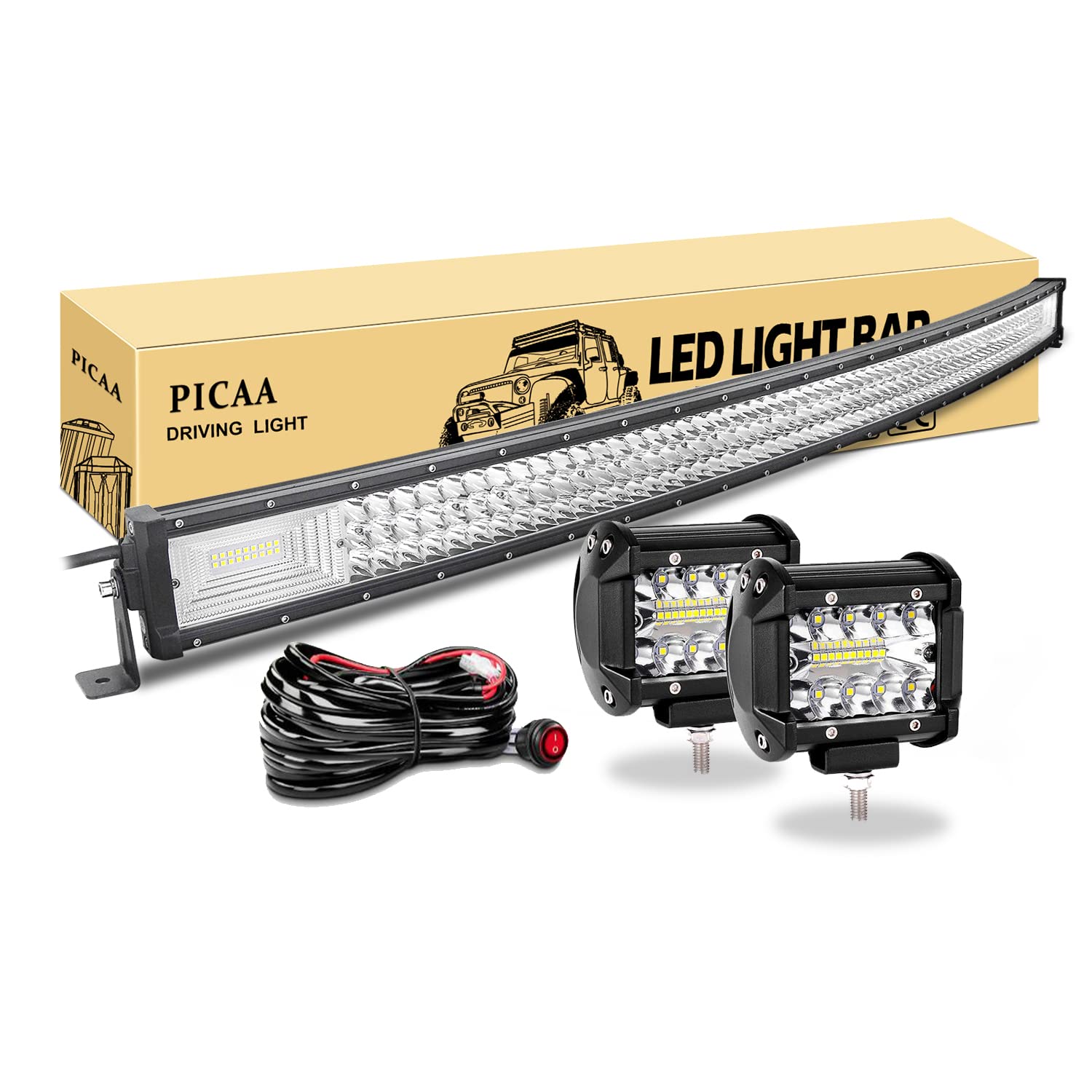 PICAA Reflektor roboczy LED, 50", 125 cm, 648 W, 7D, trzy rzędy 12 V, wygięte, dodatkowy reflektor LED, 2 szt., 4 cale, 60 W, oświetlenie robocze LED do SUV, offroad, ATV, UTV, traktora, 4 x 4