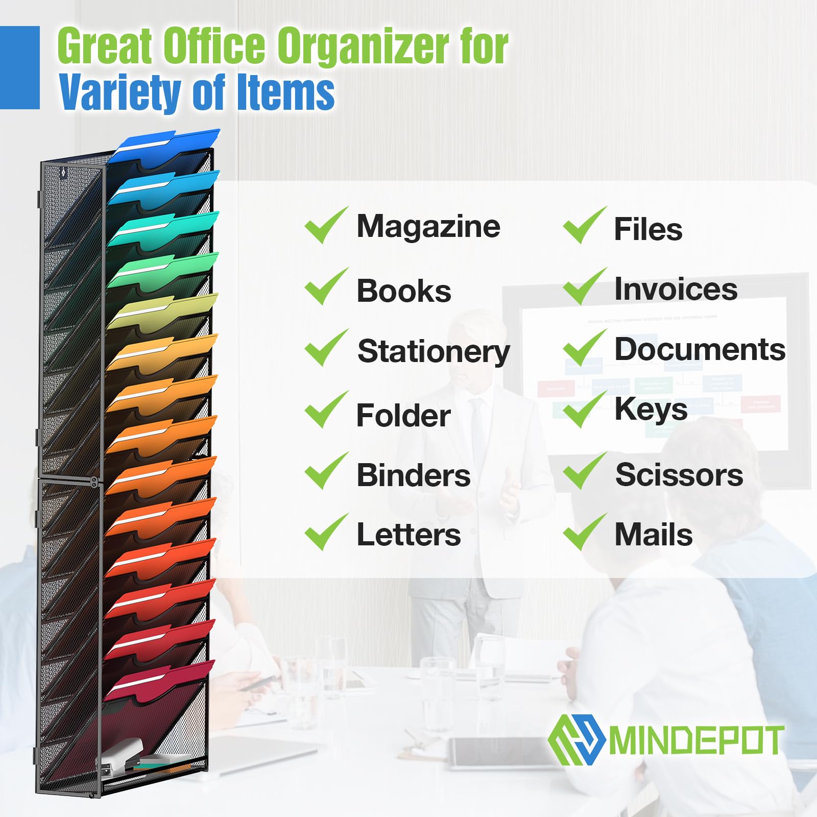 MINDEPOT 15-poziomowy ścienny uchwyt na dokumenty, wiszący organizer na dokumenty, dokumenty, czasopisma, do biura, szkoły, domu, czarny