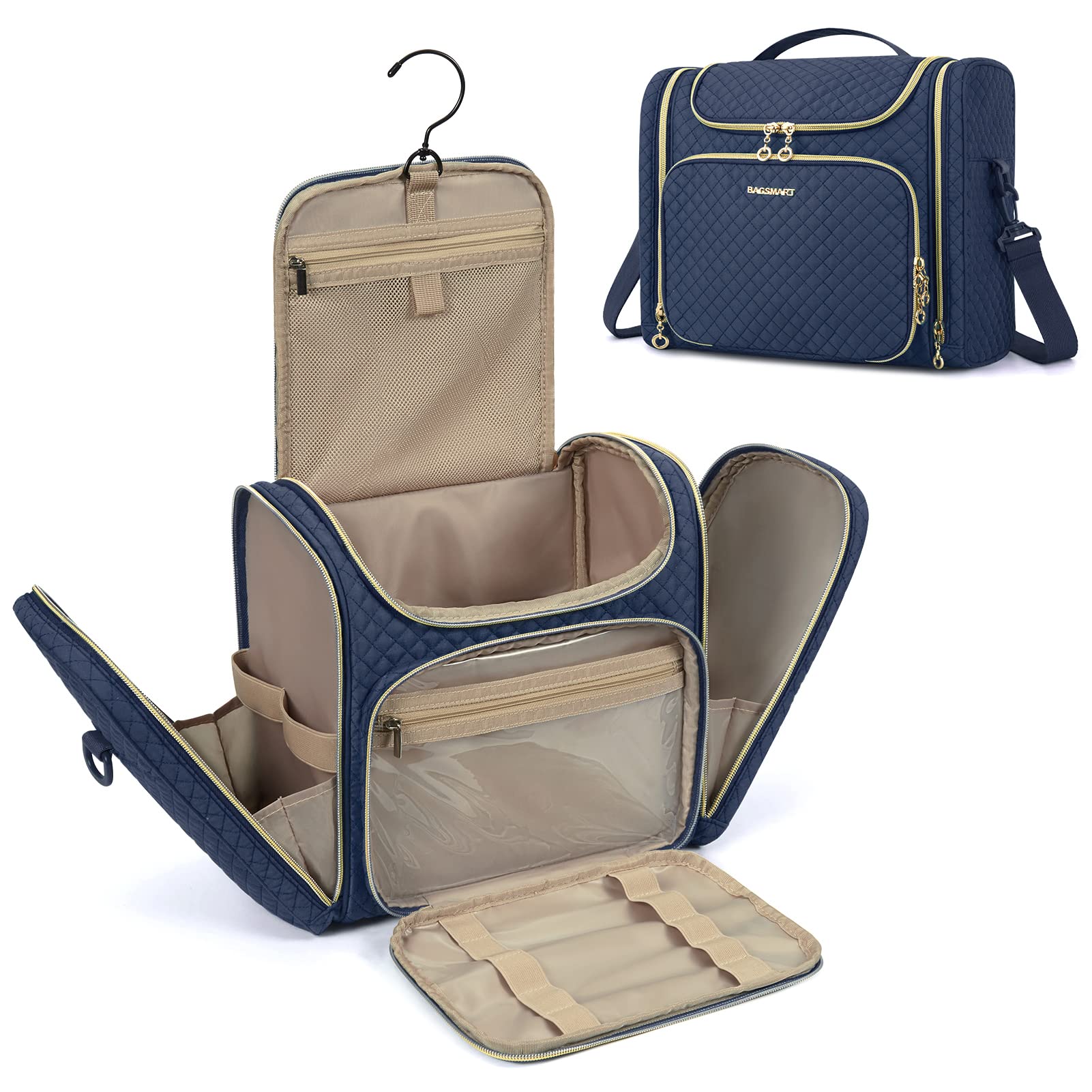 BAGSMART Travel Toiletry Bag, Toiletry Bag for Women, Water-resistant Cosmetic Makeup Bag, Large Capacity Travel Organizer for Full Sized Toiletries and Cosmetics, Navy Blue
