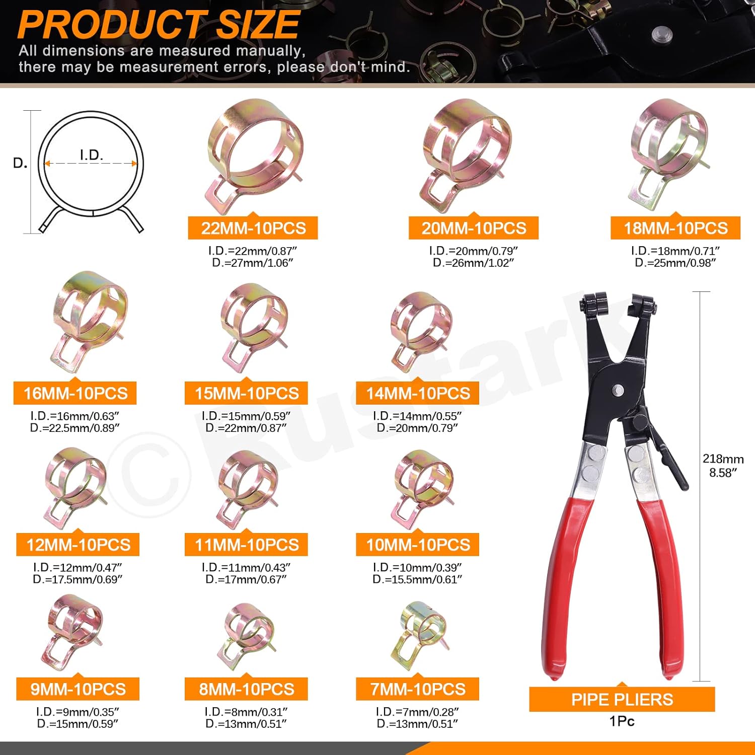 121Pcs 12 Different Sizes 7-22mm Spring Band Hose Clamps with Spring Clamp Pliers Assortment Kit, Fuel Line Silicone Vacuum Hose Pipe Clamp Low Pressure Air Clip Clamps Fasteners