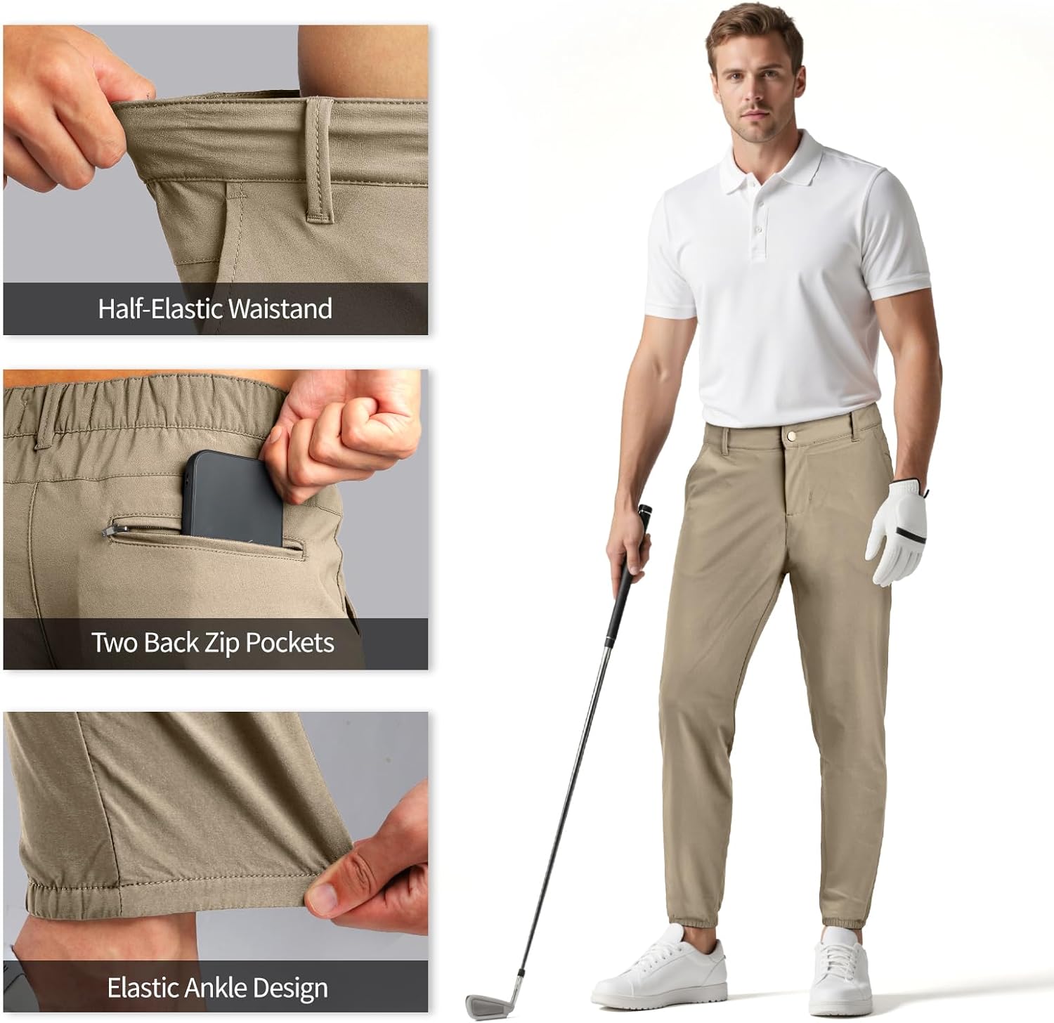 Men's 4-Way Stretch Slim Tapered Fit Golf Joggers -30" 28" 26" Inseam Nylon - Image 6