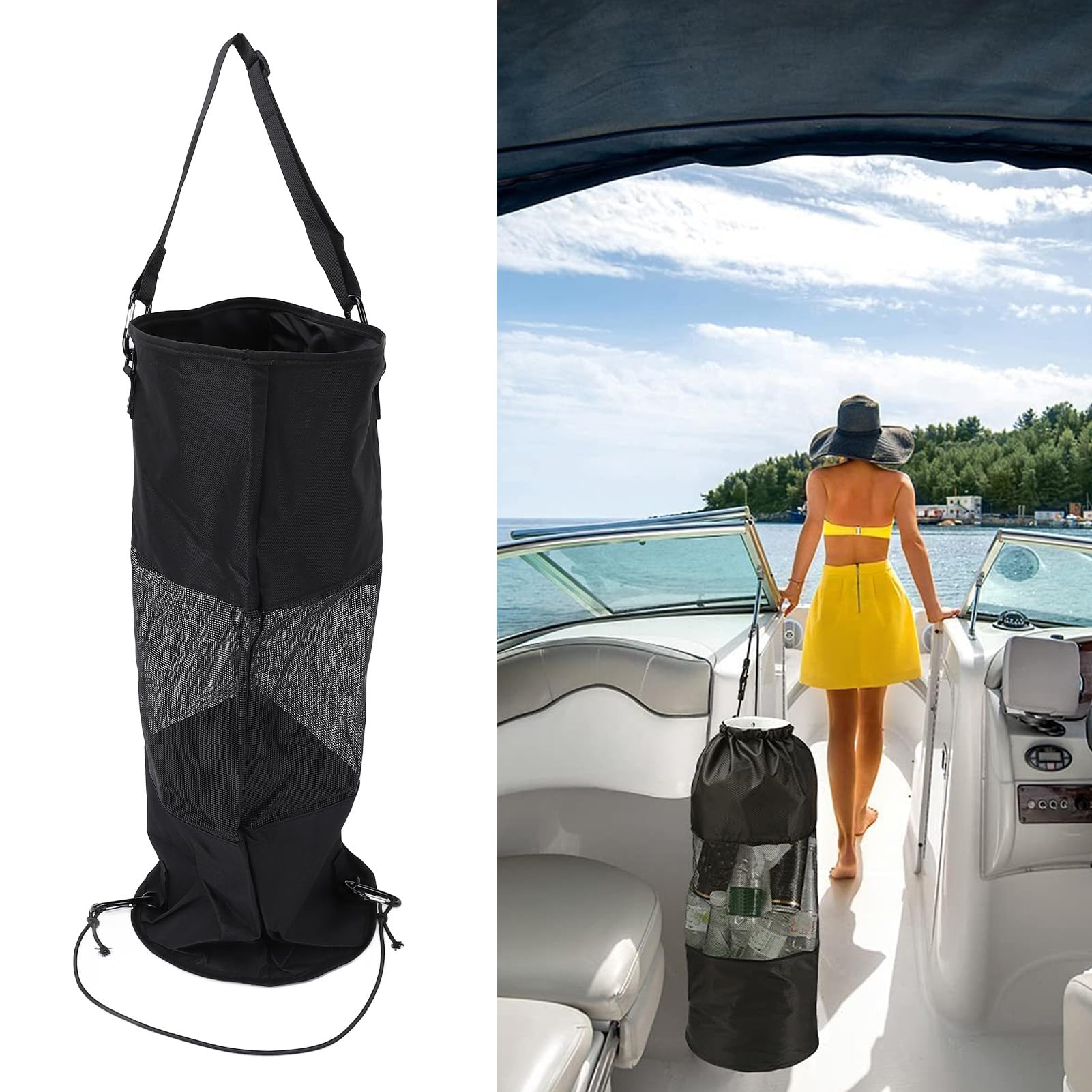 Mesh Trash Bag for Boat, Nylon Reusable Boat Bean Bag Boat Garbage Can Boat Storage Bag Boat Gadgets Boat Garbage Container with Lanyard for Outdoor Seaside (Black)