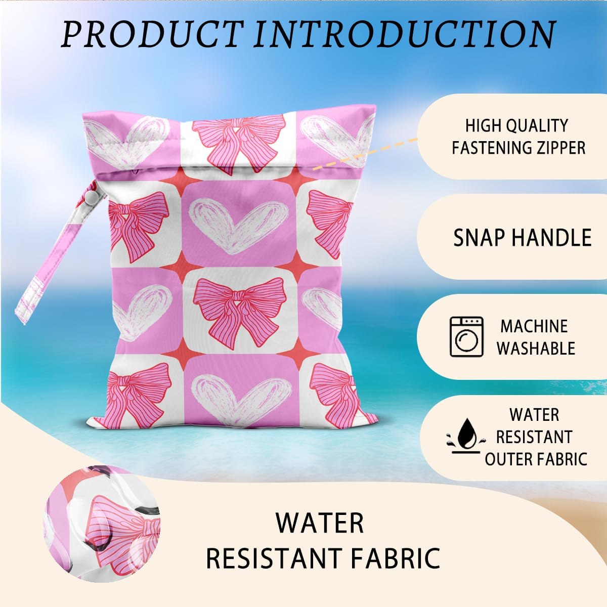 Pink Bow Wet Bags 12x10 Inch, Grid Waterproof Travel Laundry Bags, Heart Washable Reusable Wet Dry Bag for Swimsuit Pool Beach Diapers Dirty Yoga Gym Clothes, Pink Gifts for Women Friend Travelers image 3 of 6 B0F9YBBJGK