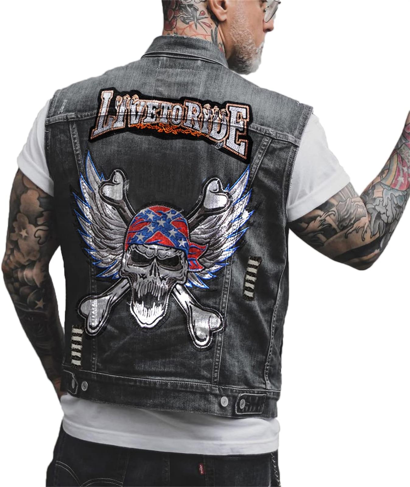 domorebest Men's Retro Skull Denim Vest Jacket Skull Printed Biker Motorcycle Ripped Denim Vest Sleeveless Waistcoat Jacket Coat
