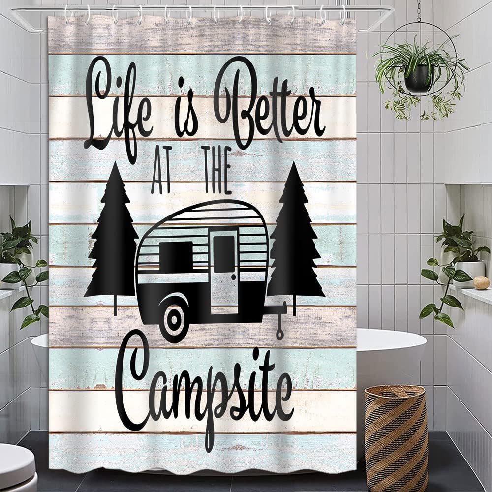 Mocsicka Happy Camper Shower Curtain Forest Woodland Bear