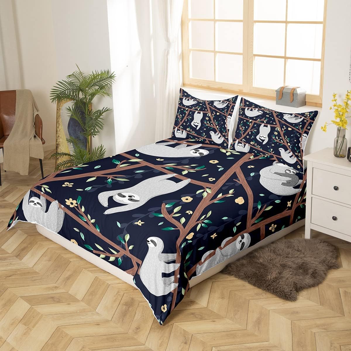 Feelyou Cute Sloth Duvet Cover Full Size Sloth Print Comforter Cover Cartoon Sloth Bedding Set Sloth Gifts Black Bedspread Cover for Kids Boys Girls Adults with 2 Pillow Case