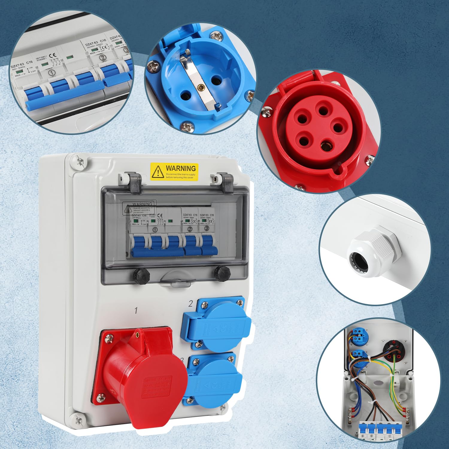 Distributore di corrente di costruzione, 1 x 16 A, 2 x 230 V, con LS, distributore per cantieri, presa CEE 16 A, per sistemi di distribuzione dell'alimentazione interna ed esterna