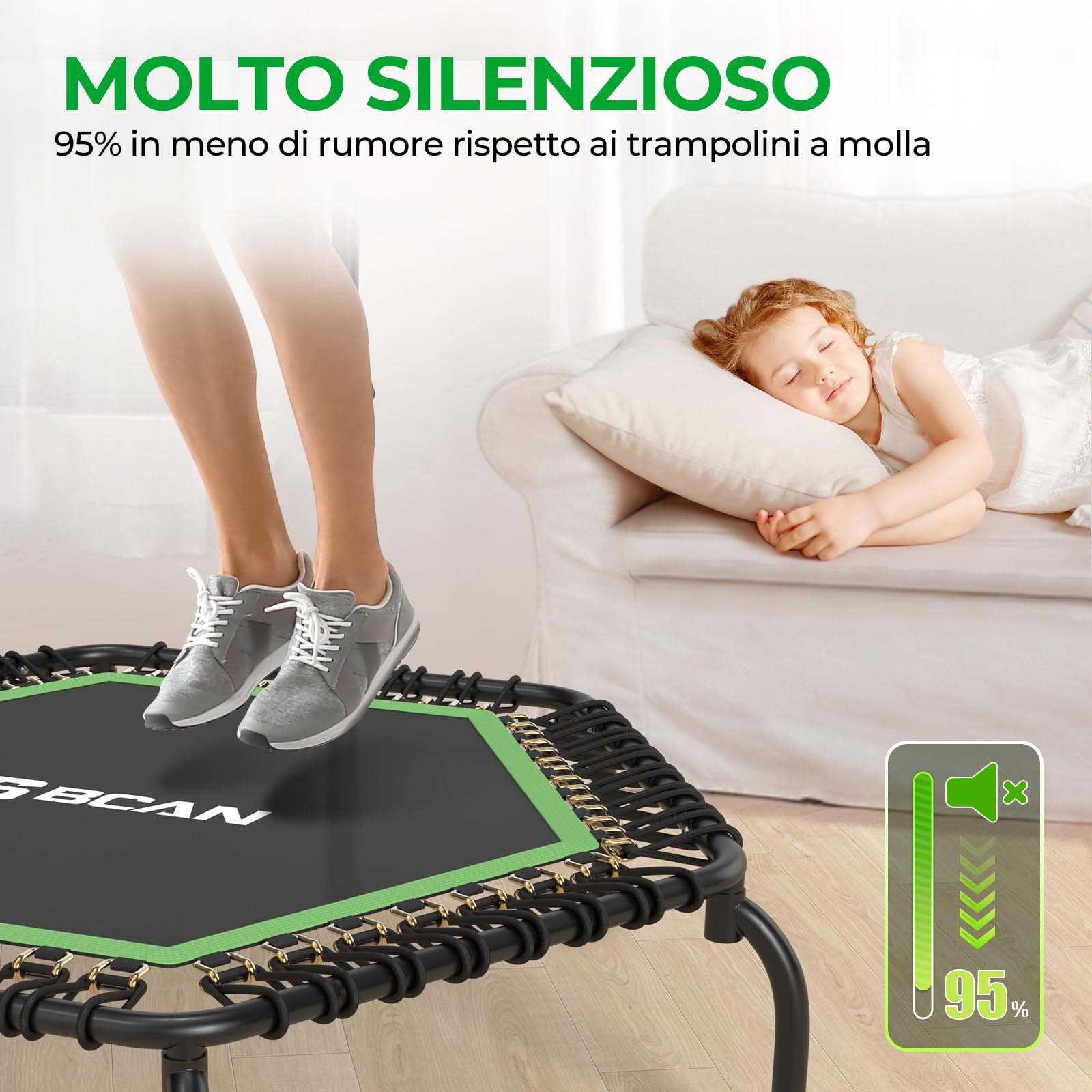 Trampolino da interno BCAN Fitness, diametro Ø 102/122/130 cm, mini trampolino elastico/a molla, adatto per adulti fino a 204/250 kg, con maniglie regolabili, silenzioso e a basse vibrazioni