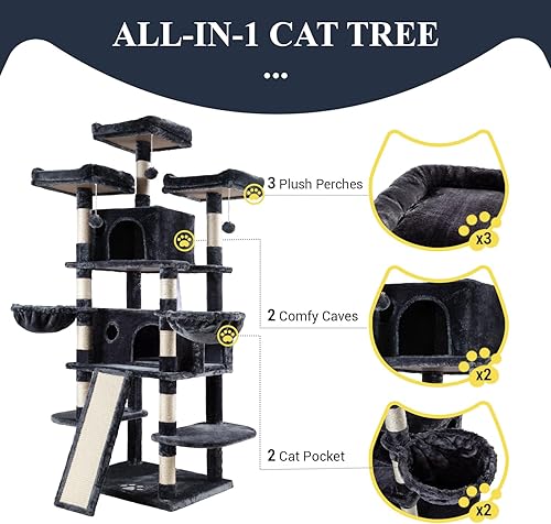 Miniatura 5 de Allewie Árbol/Casa para Gatos de 68 Pulgadas y Torres para Felinos Grandes/Poste para Rascar/Árbol de Escalada para Gatos de Varios Niveles Grande
