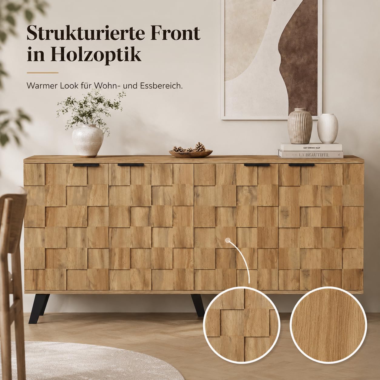160 cm Aparadores para Salon con 2 Puertas, Aparador Cocina con Encimera, Armario de Almacenamiento para Salón Pasillo Cocina Sala, Color Natural, 160.5x35.5x78cm