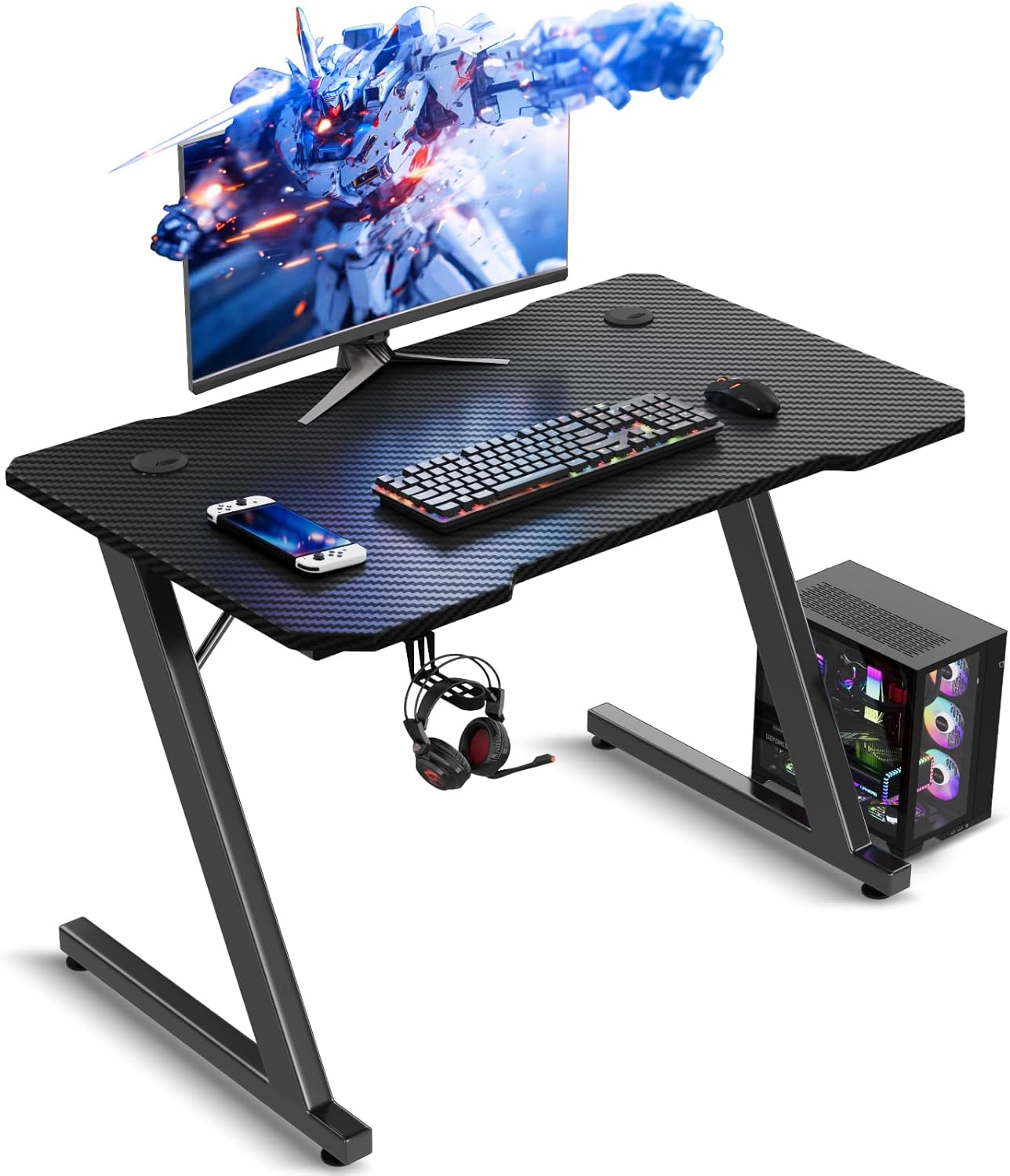 80 * 52cm Scrivania Gaming/Tavolo Gaming - Piano in Carbonio Senza LED, Gambe a Z Ultra Resistente (100kg), con Gancio Cuffie, Design Moderno - Scrivania Gaming