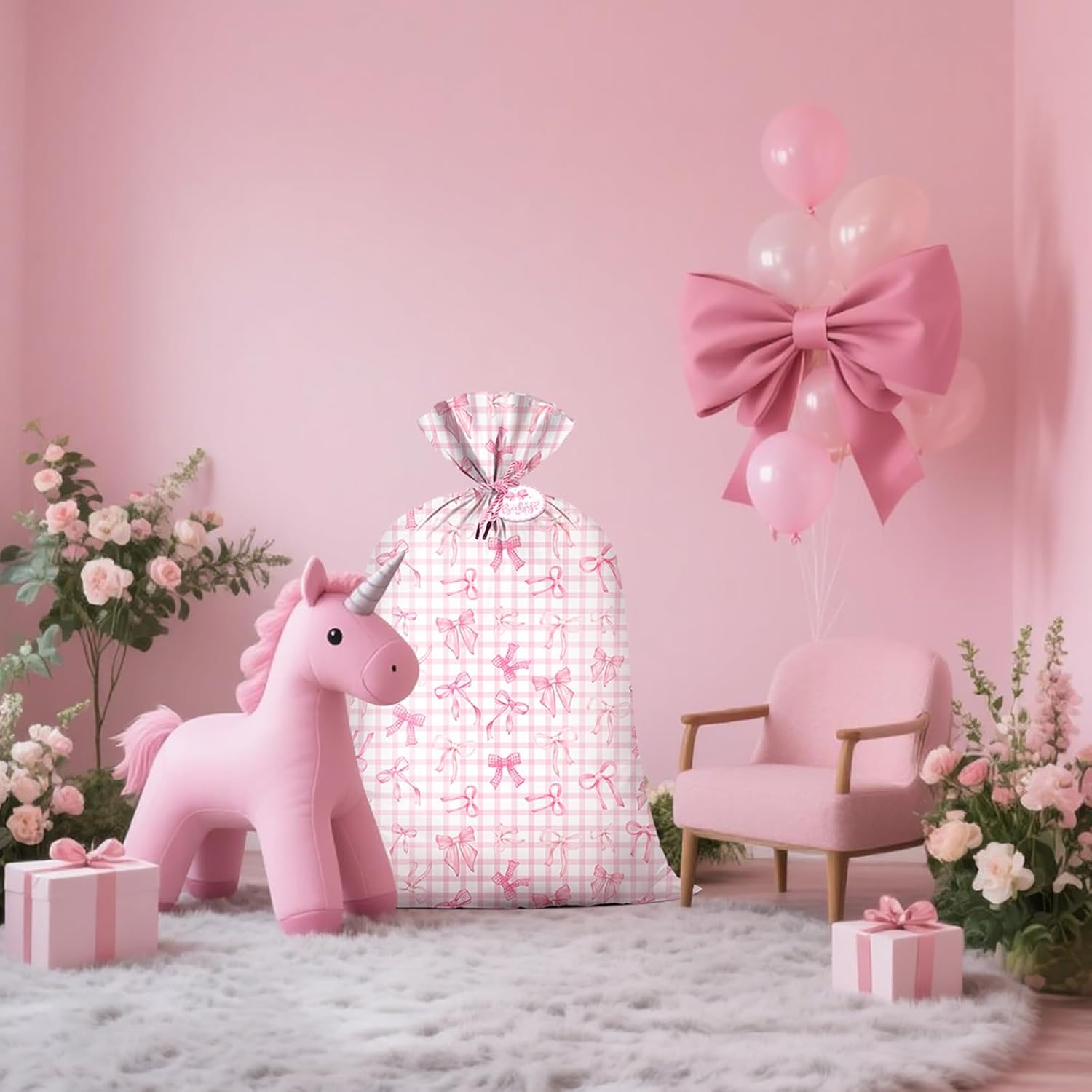 KIDAJOY Extra Large Pink Bow Gift Bag Plastic 36x56 Inch Jumbo Bowknot Gift Bags Girls Women Baby Shower Birthday Wedding Bridal Shower Party Favors Supplies