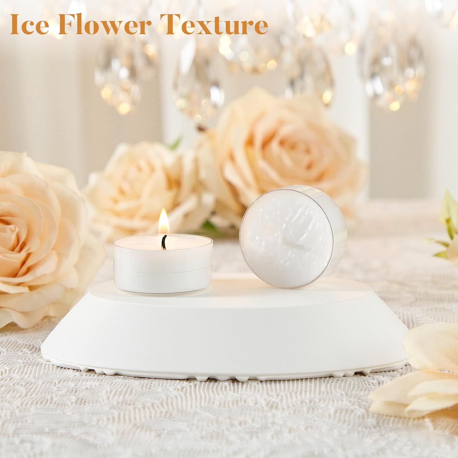 Ashlux Unscented Palm Tea Lights Candles, 16 Pack with Ice Flower Texture | 4-Hour White Candles in Acrylic Cups, Smokeless, Non-toxic, Clean-burning for Home Decor, Dinner, Wedding, Table Centerpieces