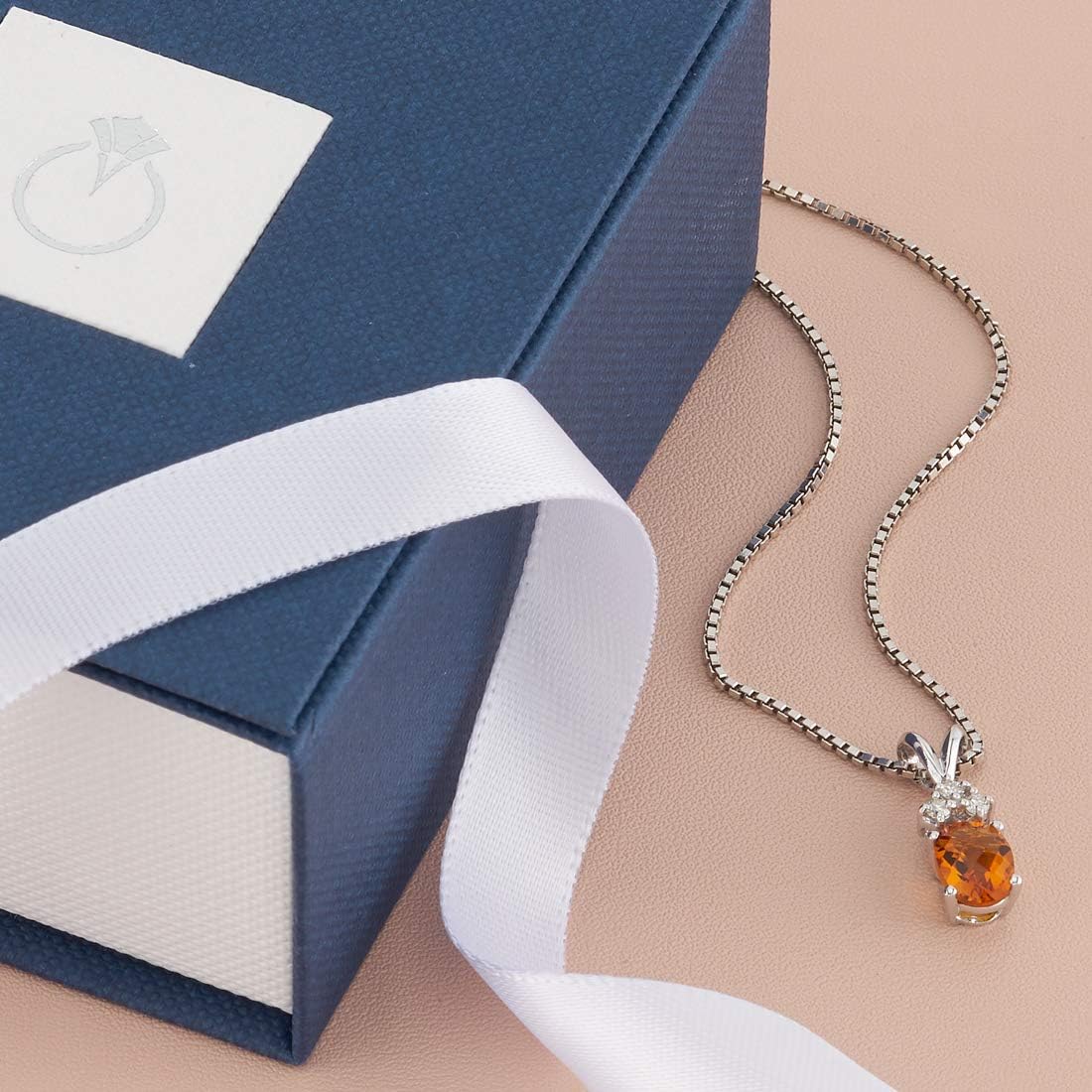 PEORA 14K White Gold Citrine with Diamonds Pendant for Women, Genuine Gemstone, Dainty Solitaire, Oval Shape, 7x5mm, November Birthstone Citrine Necklace, Real Citrine Necklace, w/Jewelry Box