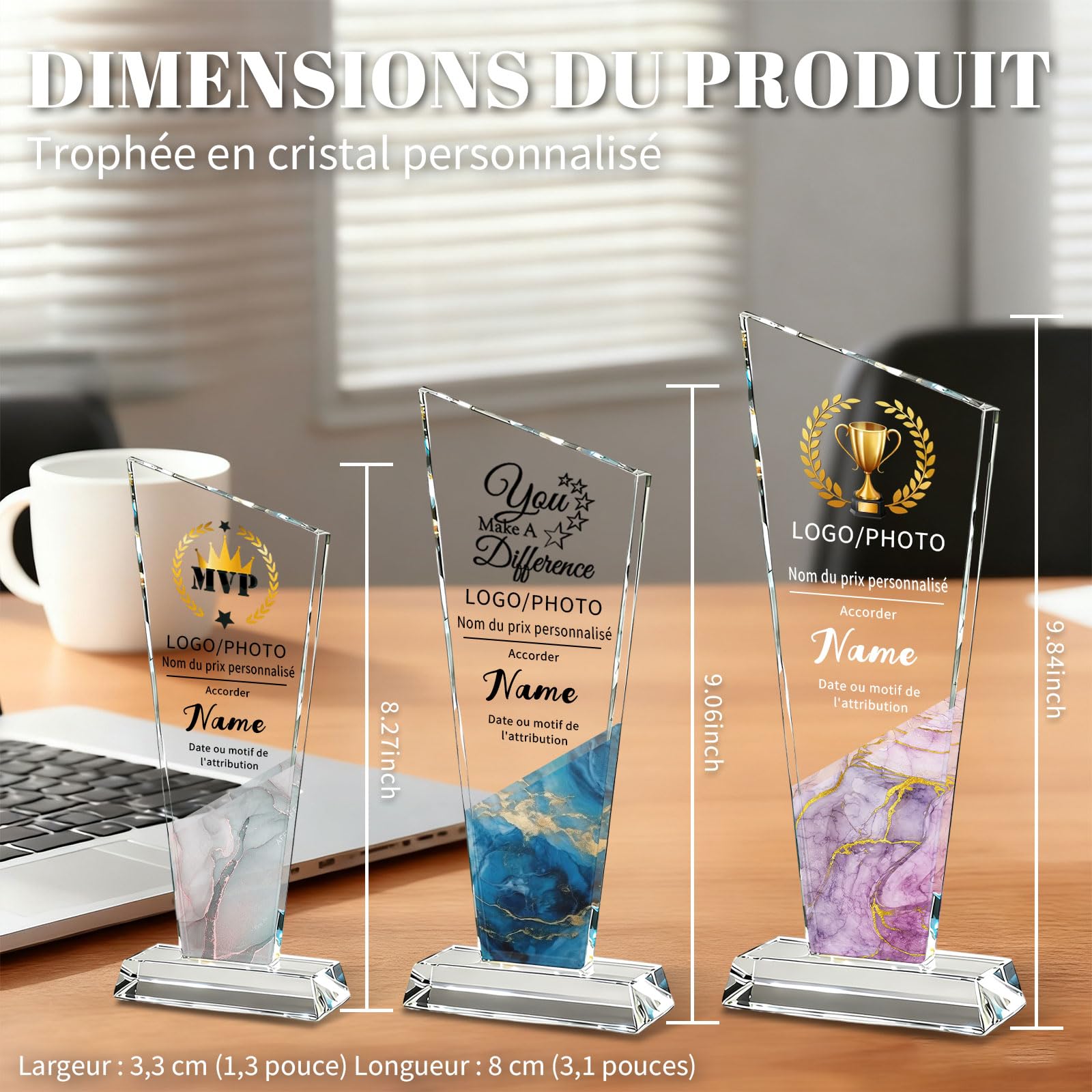 RSQGT Trophée Personnalisable en Cristal Gravé Logo et Texte Cadeau d'entreprise pour Récompense Employé, Reconnaissance, Départ à la Retraite et Cadeau pour Collègue - 4