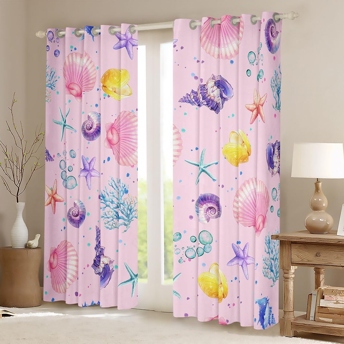 Homemissing Tende oscuranti rosa costiere per camera da letto, soggiorno, oceano spiaggia, tende oscuranti a tema nautico corallo stelle marine, 2 pannelli 167,6 x 182,8 cm (larghezza x lunghezza)