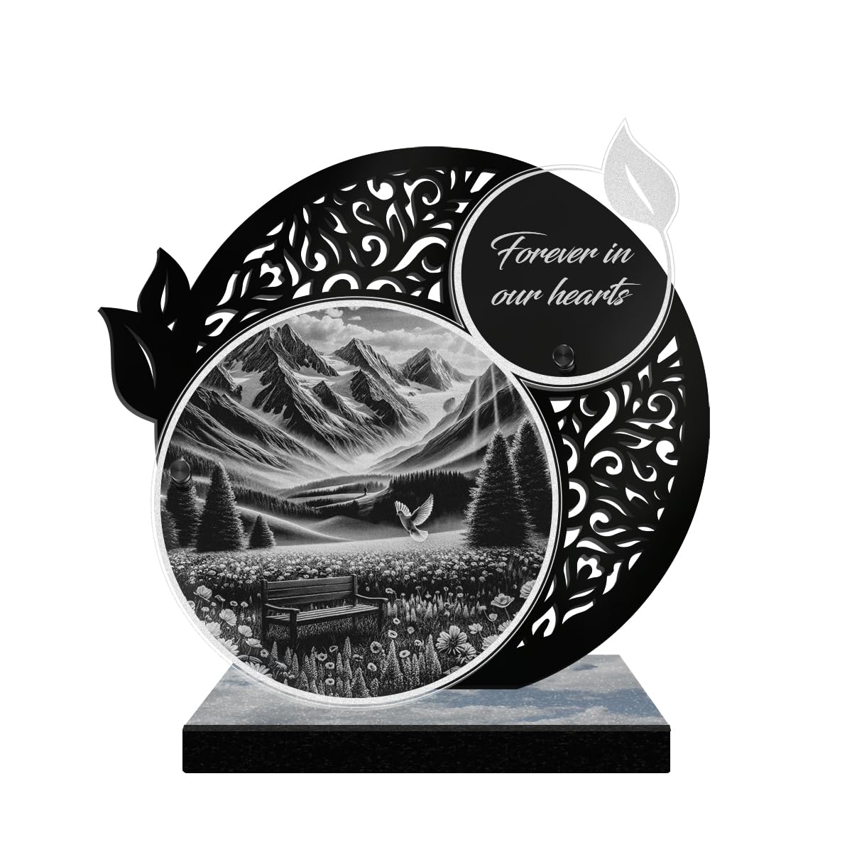 ETERNEL - Personalized Lace Memorial Plaque - Nature Colombe, Birds, Landscape - Customizable text, laser-engraved memorial plaque for tribute, tombstone, mortuary, burial