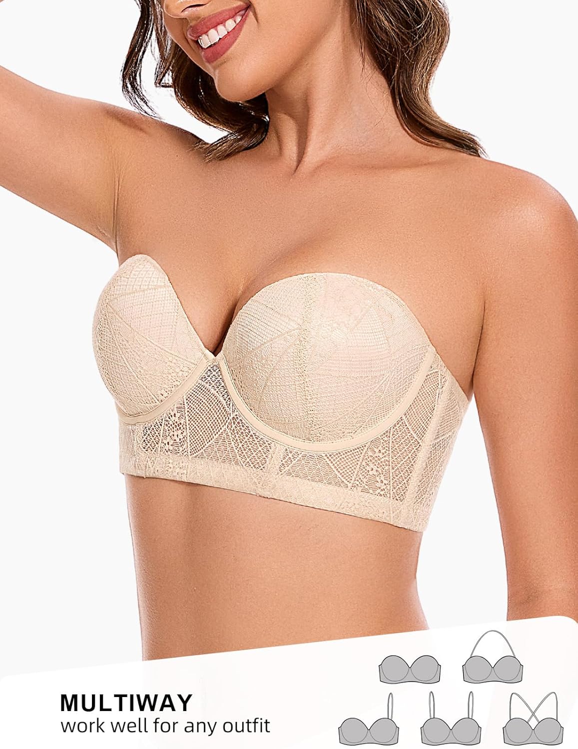 Longline Strapless Push Up Bras for Women Multiway Padded Uplift Corset Lace Bra Underwire Support - Image 4
