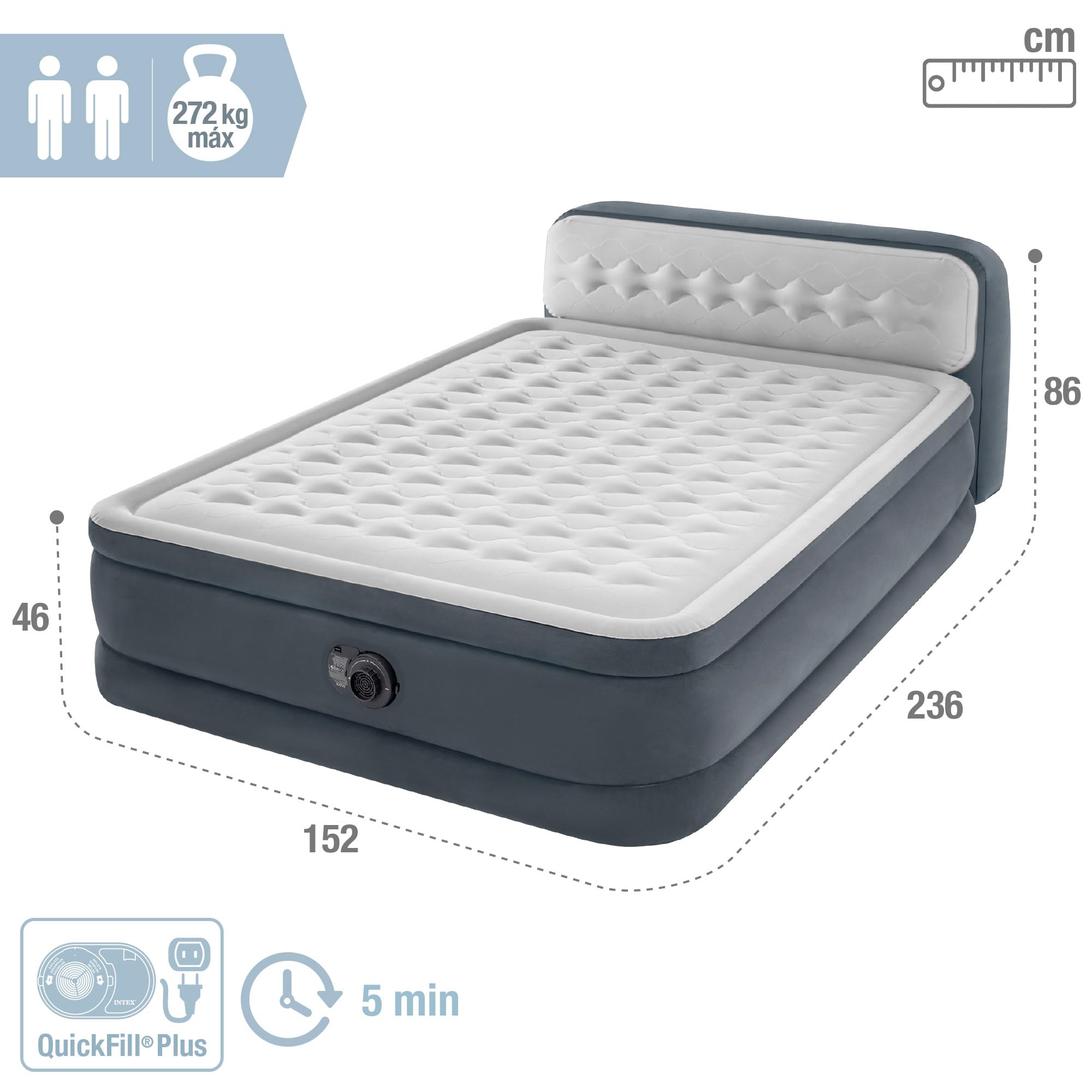 Intex 64448 Materasso Dura-Beam Con Schienale Tecnologia Fiber Tech Con Pompa Elettrica Incorporata, 152 x 236 x 86 Cm, Blu Navy