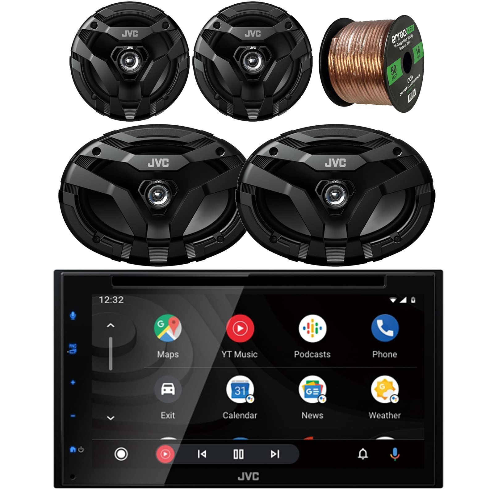 JVC in Dash 2-DIN 6.8" Touchscreen AM/FM Radio DVD Bluetooth Stereo Receiver Bundle with (QTY2) 6.5" 2-Way Coax 300 Watts Car Speakers, (QTY2) 6x9 2-Way Coax 400 Watts Peak Speakers + Speaker Wire