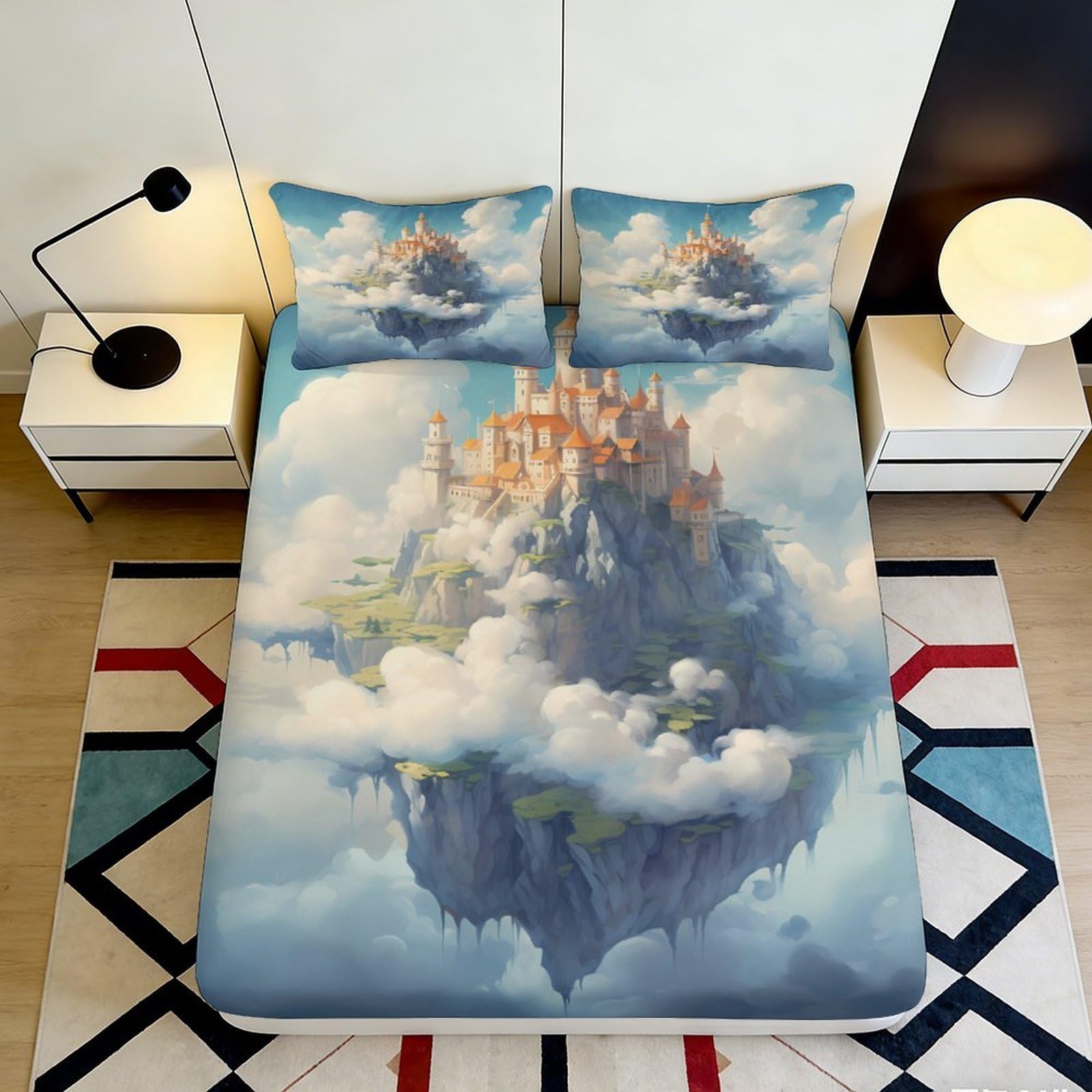 3D Printed Floating Castle Fitted Sheet Microfiber Soft Fantasy Cloud Bed Cover for Bedroom Dorm Mattress Protection Decor 90x200x25cm