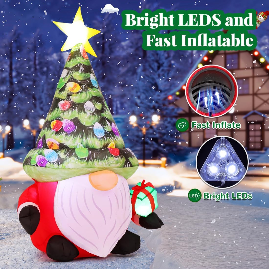 GOOSH 5 FT Christmas Inflatables Gnomes Outdoor Decorations Blow Up Yard Cute Midget Wears a Hat Shaped Like a Christmas Tree with Built-in LEDs for Garden Lawn Indoor Party Decor