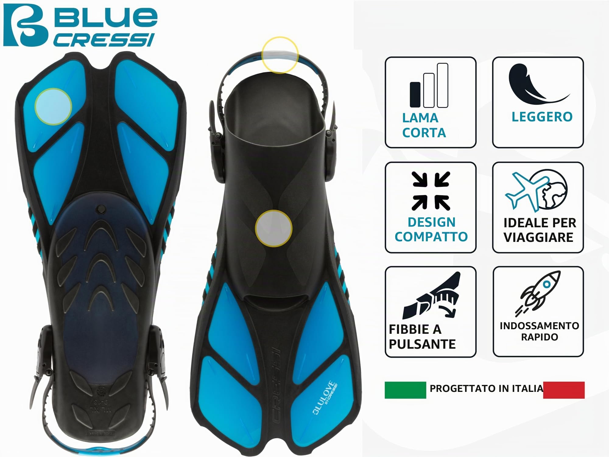 CRESSI Fins Bonete - Pinne da Nuoto Corte Regolabili per Adulti, con Fibbie Ultra Resistenti, Molto Leggere, Ideali per Viaggi
