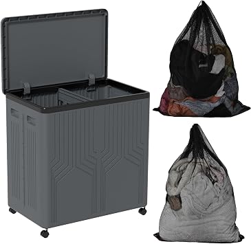 Jekiyo 2 Section 120 L Plastic Collapsible Laundry Hamper with Wheels, Grey