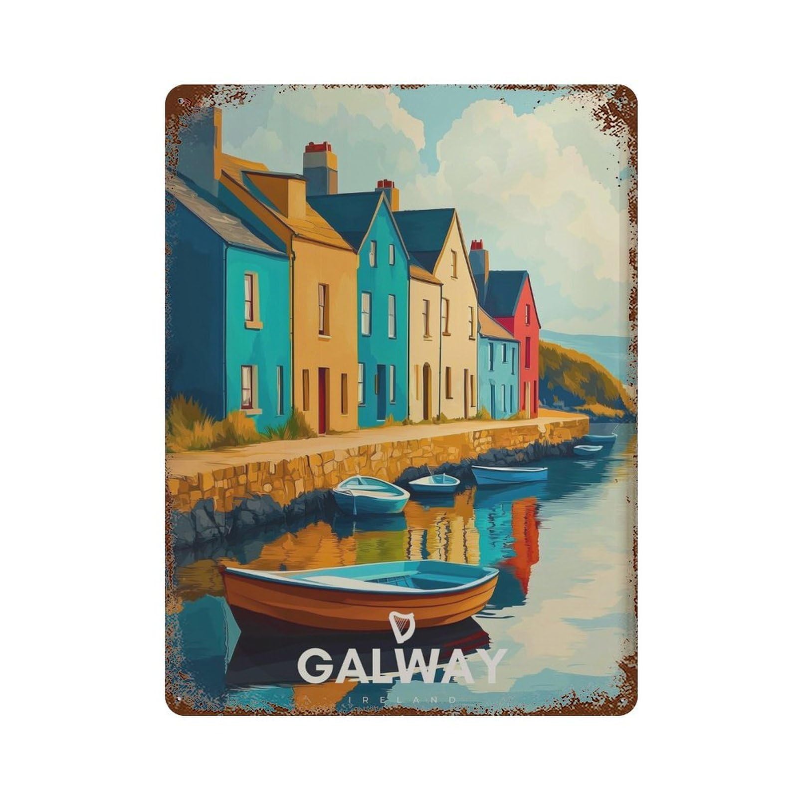 xiaoxiaoshen Galway Harbor Travel Colorful Irish Coastal Scene Wall Decor Art Metal Tin Poster Modern Home Decor Art Home Bar Shop Decorations Vintage Sign 40x30cm