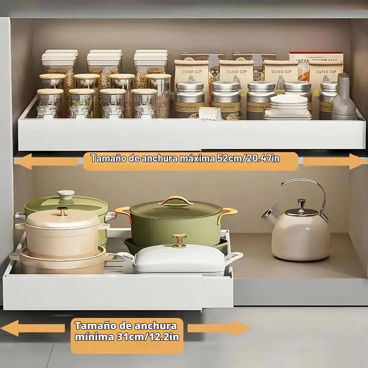 Paquete de 2 Cajones Extraibles para Cocina,Cajón Telescópico,bandeja extraible armario cocina(32-52 Cm)Organizador De Cocina,Para Guardar Utensilios De Cocina Corredero Sin Taladrar(Blanco)