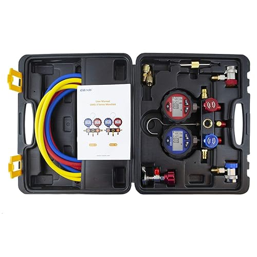 Miniatura 7 de Elitech DMG-3 - Juego de 2 manómetros de CA para refrigerantes R134A R410A y R22 con adaptadores de mangueras y funda de transporte, DMG-3.